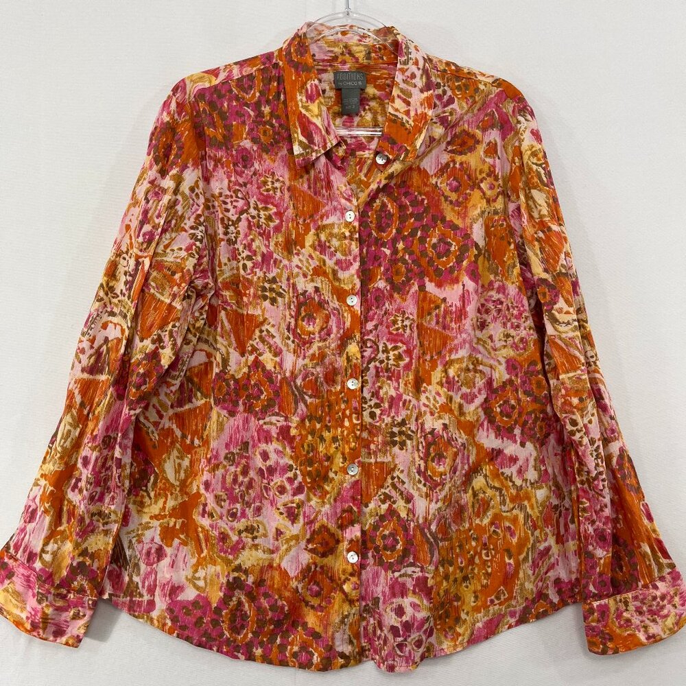 Chico's Blouse size XL/3 Multi Color Floral Artsy Cotton‎ Button Down Preppy